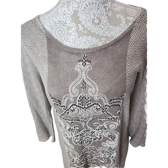 Chico's embellished tunic Top Mystic Scroll Athena Womens tan 3/4 Sleeve Medium - Picture 2 of 8